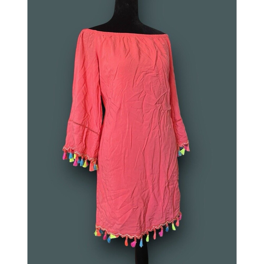 Vintage Coral Fun Off Shoulder Dress Cute Boho Colorful Tassels Festival Summer